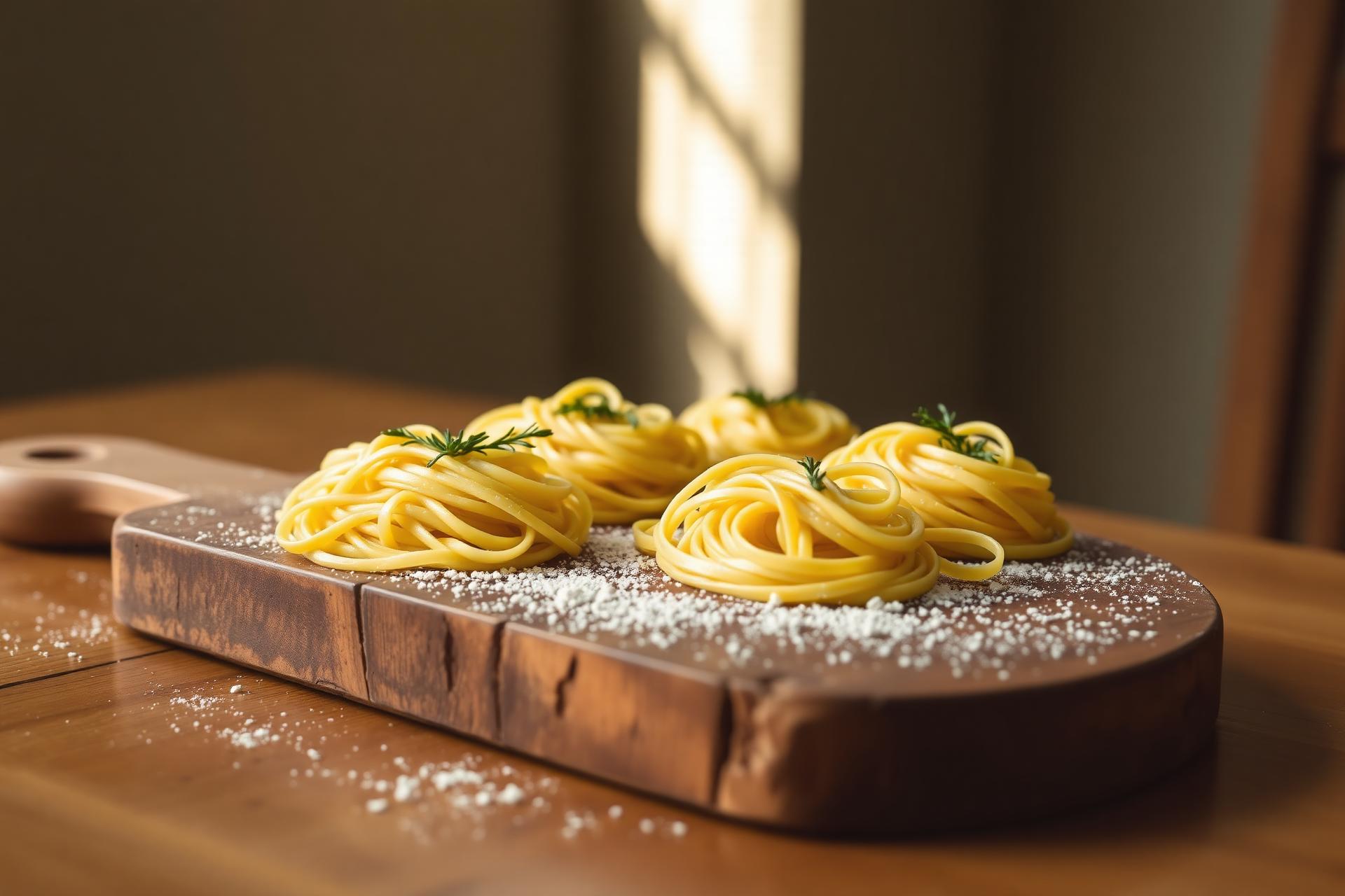 Tagliatelle fraîches déposées sur planche farinée
