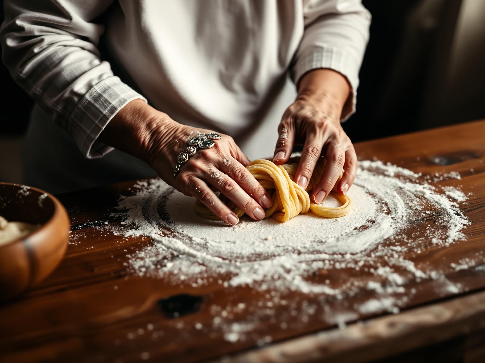 Mains d'artisan travaillant la pâte fraîche